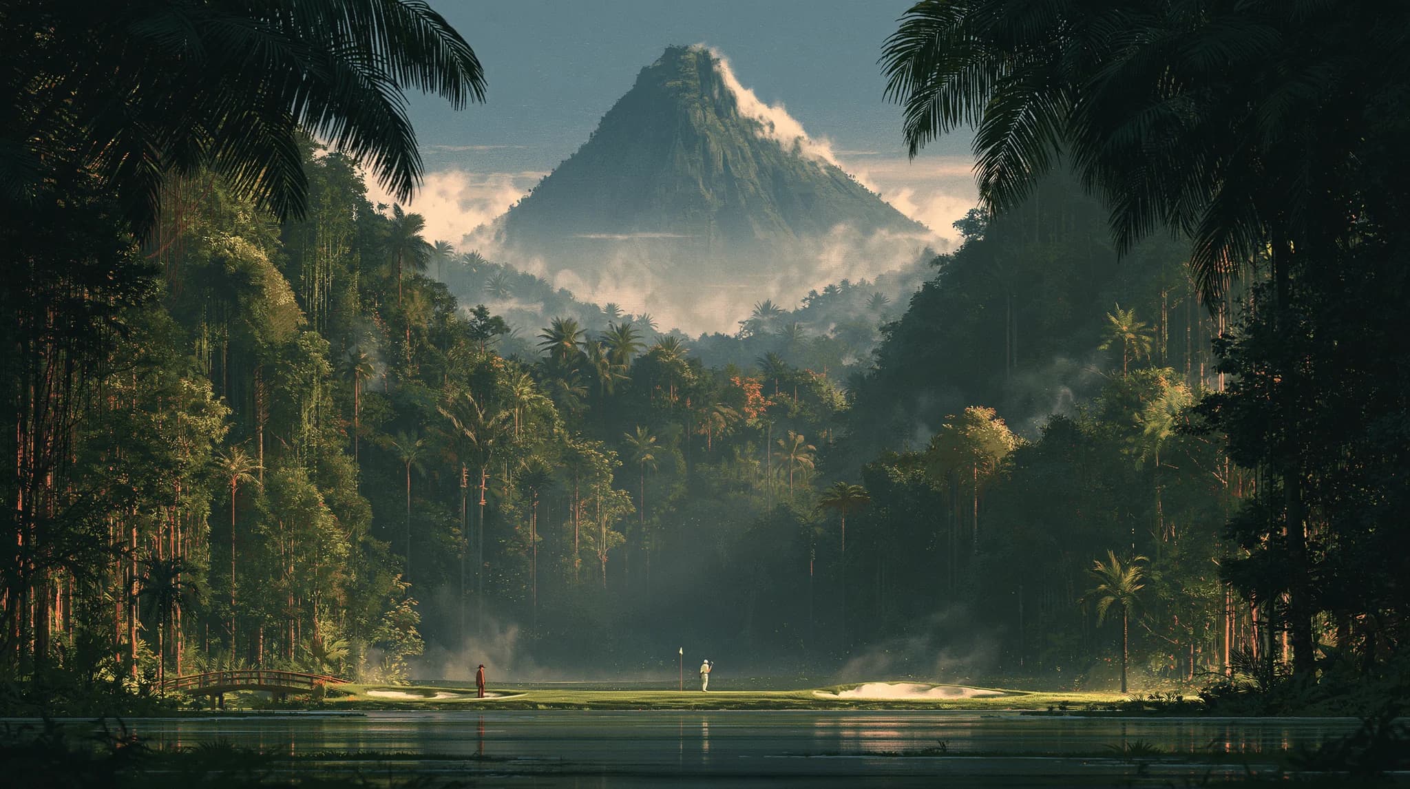 A jungle golf hole across still water, a cloud-wrapped peak rising over the treeline behind it and two golfers on the green