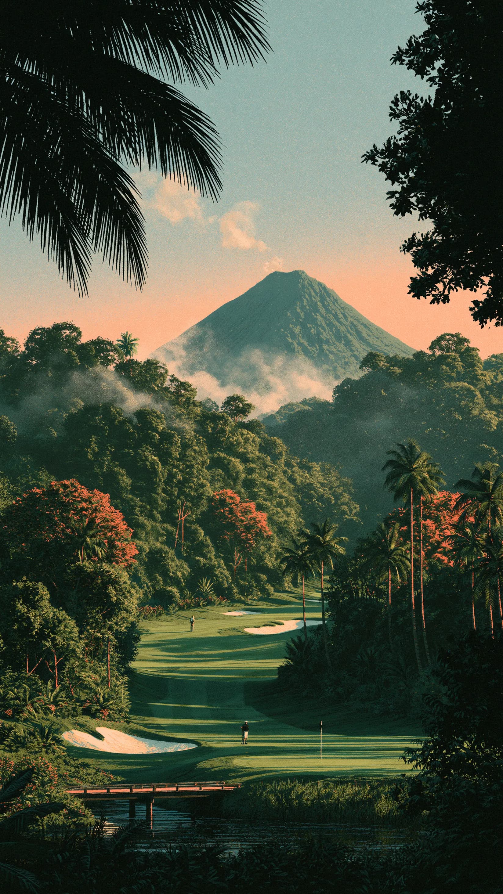 A jungle fairway climbing toward a smoking volcano, palm fronds framing the view and flame trees in flower along the treeline