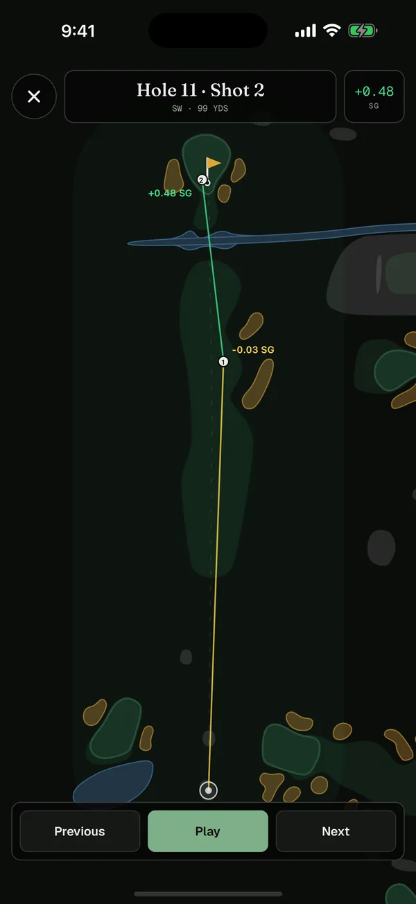 The iPhone course map with a shot placed and its strokes gained shown